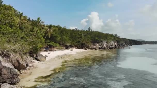 Plan cinématographique d'un drone d'une petite plage de sable fin au bord d'une jungle dense — Video