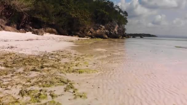Εκπληκτική θέα στην αμμώδη παραλία με το πέτρινο ακρωτήριο και τη θάλασσα — Αρχείο Βίντεο