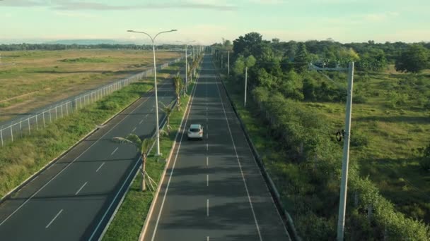 Auto fährt auf der Straße mit Palmen und Lichtmasten. filmische Drohnenaufnahme von der täglichen Autofahrt im Sommer — Stockvideo