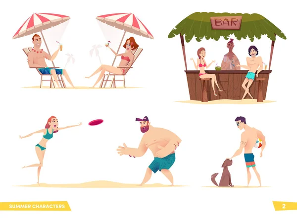 Gelukkige jongeren die rusten op het strand. Verzameling van moderne cartoon zomer personages. — Stockvector