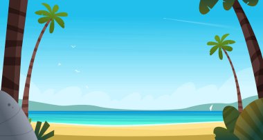 Pasifik Okyanusu 'ndaki tropik plaj ya da sakin mavi deniz. Kumlu sahildeki palmiye ağaçlarıyla mavi deniz manzarası.