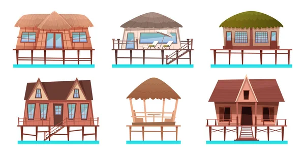 水の上の家やバンガローのコレクション。海岸沿いのトロピカルホテルとリゾートハウスの漫画セット — ストックベクタ