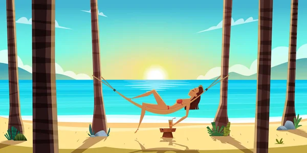 Young woman is resting on sandy beach, drinking cocktail under the heat of the sun and coconut trees. — Stock Vector