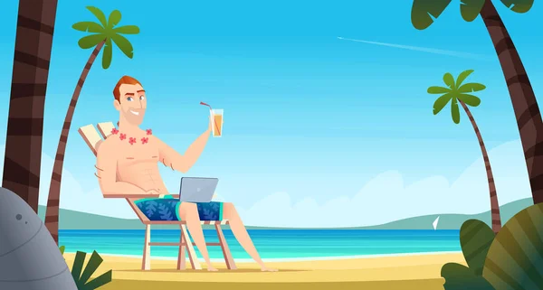 Man lying on sunbed with notebook and drinks tropical cocktail. Remote working concept — Stock Vector