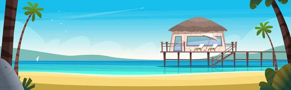 Hotel bungalow on a blue clear and calm sea. Summer vacation concept. Private house on a secluded sea beach with pier — Stock Vector