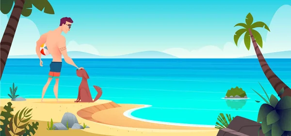 El hombre y su perro están de pie juntos en una playa de arena salvaje de verano. Concepto de actividades de verano — Archivo Imágenes Vectoriales