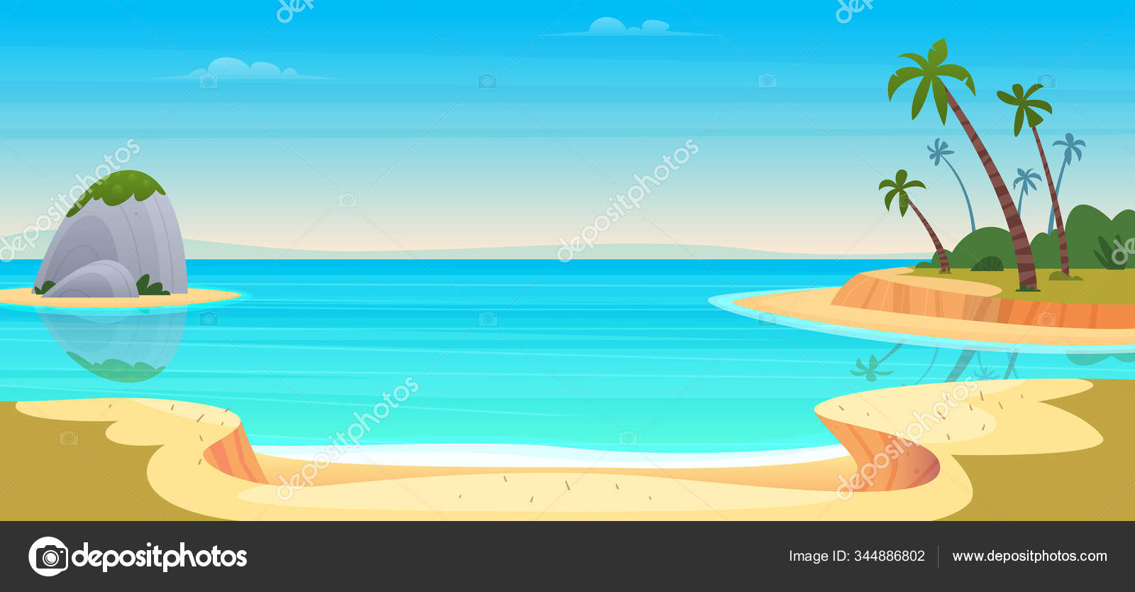 Cartoon summer beach. Paradise nature vacation, ocean or sea seashore