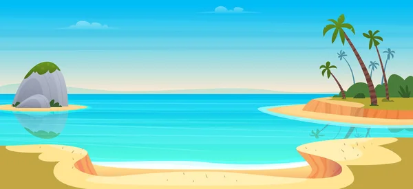 Cartoon summer beach. Paradise nature vacation, ocean or sea seashore. Seaside landscape