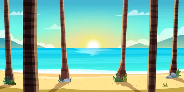 Мультфильм пародирует дикий песчаный берег с прекрасным видом на море. Закат или рассвет на чистом песчаном пляже — стоковый вектор
