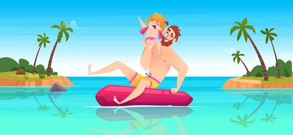 Padre feliz y su hija flotan en una boya salvavidas en el mar azul, divirtiéndose. Concepto de vacaciones en familia en la playa tropical . — Vector de stock