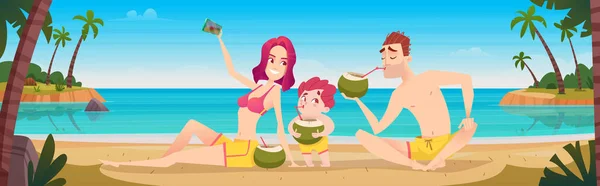 Šťastná rodina pije kokosové koktejly na pláži. Rodinná dovolená v tropickém středisku. — Stockový vektor