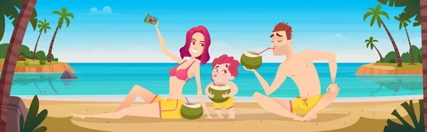 A família feliz bebe cocktails de coco na praia. Conceito de férias em família no resort tropical . — Vetor de Stock