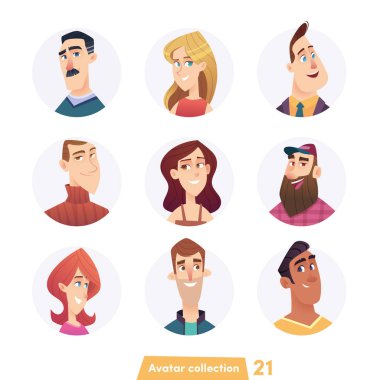 Neşeli genç insanlar Avatar Koleksiyonu. Kullanıcı yüzleri. Modern tarz modaya uygun. Düz Çizgi Karakter Tasarımı.