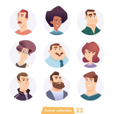Neşeli genç insanlar Avatar Koleksiyonu. Kullanıcı yüzleri. Modern tarz modaya uygun. Düz Çizgi Karakter Tasarımı.