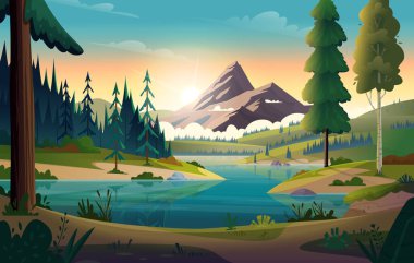 Turkuaz dağ gölü manzarası. Nehir kıyısındaki Rocky Dağları. Gölün üstündeki dağlarda şafak ya da gün batımı