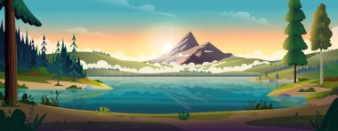 Turkuaz dağ gölü manzarası. Nehir kıyısındaki Rocky Dağları. Gölün üstündeki dağlarda şafak ya da gün batımı