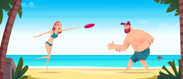 Young man and woman are playing with a flying disc on a sandy beach. Frisbee game concept — Stock Vector