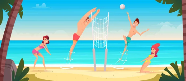Vrolijke jongeren spelen volleybal op een zandstrand. Volleybal wedstrijden in het zand. — Stockvector
