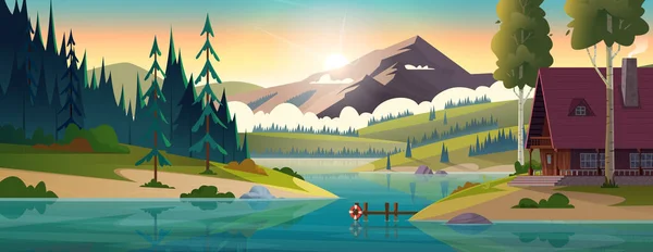 Cabana junto ao rio em frjnt de montanhas rochosas. Casa na margem de um lago limpo da montanha. Desenhos animados modernos ilustração . —  Vetores de Stock