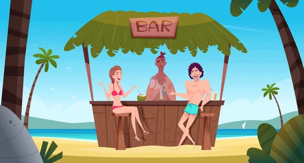 Junge Männer und Frauen genießen den Sommerurlaub, trinken Cocktails an der Strandbar an der Sandküste. — Stockvektor
