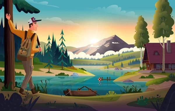 Camper Man se dívá na horské jezero a chatu na pobřeží. Krajina objevování, turistika, dobrodružství a cestování. — Stockový vektor