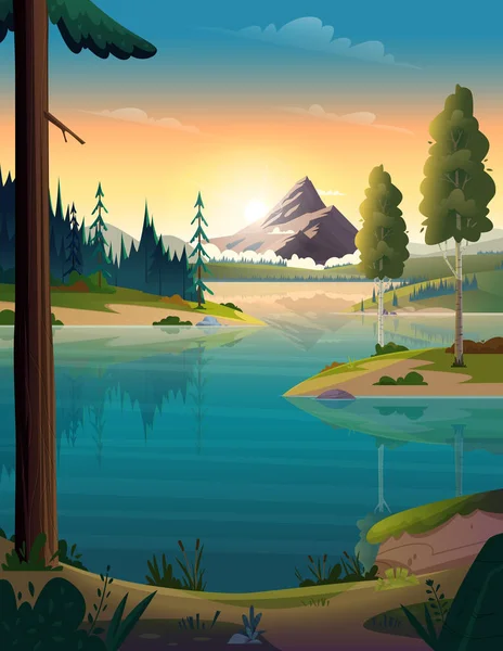 Καθαρή γαλαζοπράσινη θέα στη λίμνη. Βραχώδη βουνά στην όχθη του ποταμού. Αυγή ή ηλιοβασίλεμα στα βουνά πάνω από τη λίμνη — Διανυσματικό Αρχείο