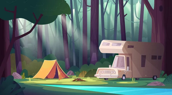 Paisaje matutino de verano con río bosque y camping. Campamento de verano en bosque . — Vector de stock