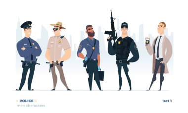 Polis memurları hazır. Genç, neşeli polis seti. Polis karakteri koleksiyonu.