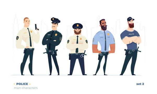 Police prête. Les jeunes policiers joyeux sont prêts. Collection de personnages de police . — Image vectorielle