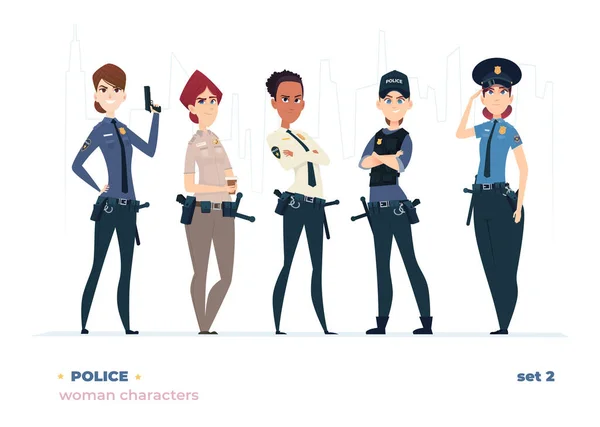 Colección de mujeres policías. Jovencitas policías alegres. Policía niñas carácter colección — Vector de stock