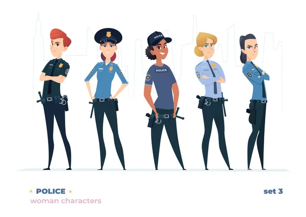 Collecte de policières. De jeunes policières joyeuses. Police filles collection de personnages — Image vectorielle