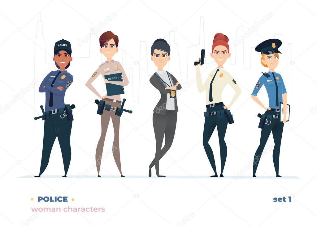 Female police officer collection. Young cheerful police women. Police girls character collection