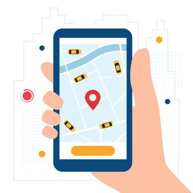 Çevrimiçi Taksi servisi uygulaması. Akıllı telefon ve taksi başvurusu. Vektör illüstrasyonu