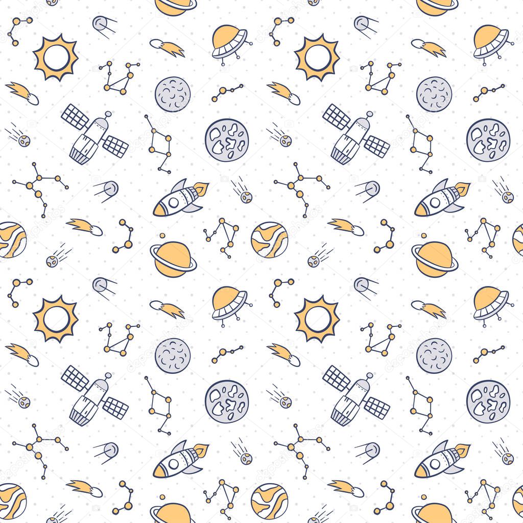Space, planets, stars and rockets. Cosmic seamless pattern in doodle and cartoon style. Hand drawn