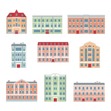 Eski kasabadaki binalar. Avrupa mimarisi. Bir sürü güzel ev. Vektör illüstrasyonu