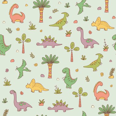 Dinozorlar ve tarih öncesi bitkiler. Kusursuz desen. Karalama tarzında vektör illüstrasyonu. El çizimi.