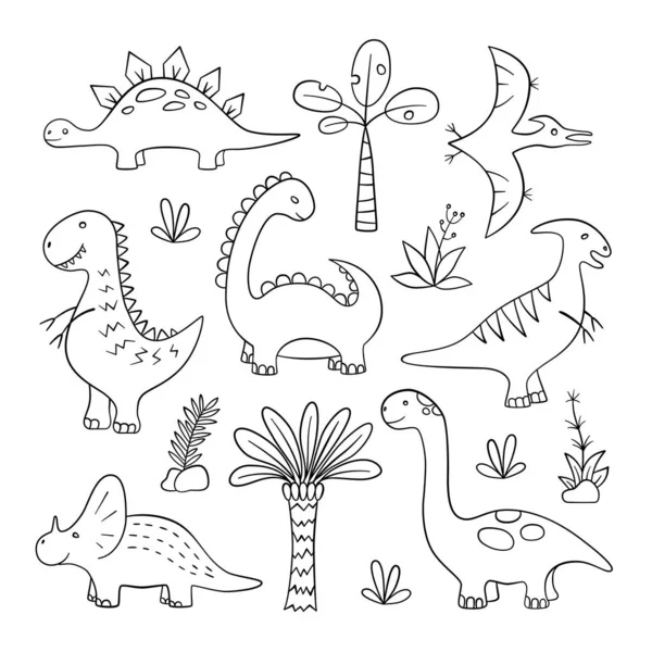 Dinosaurier und prähistorische Pflanzen. Set von Vektorillustrationen im Doodle und Cartoon-Stil. Handgezeichnet. linear. — Stockvektor