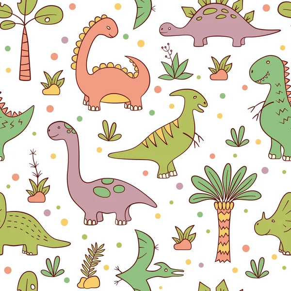 Dinossauros e plantas pré-históricas. Padrão sem costura. Ilustração vetorial em estilo doodle. Desenhado à mão . — Vetor de Stock