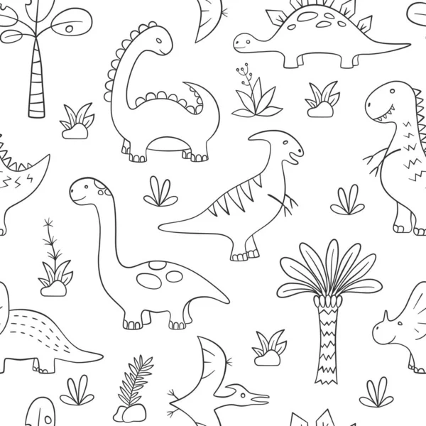 Dinosaures et plantes préhistoriques. Modèle sans couture. Illustration vectorielle en style doodle. Dessiné à la main . — Image vectorielle