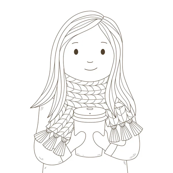 Jong gelukkig meisje in een gebreide sjaal met kopje hete koffie of thee. Koffie te gaan. Karakter. Handtekenkaart. Vectorillustratie — Stockvector