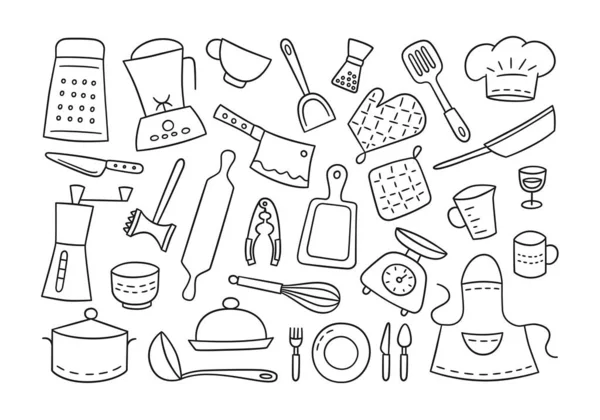 Küchengeräte und Geschirr. Koch. Handgezeichnet. — Stockvektor