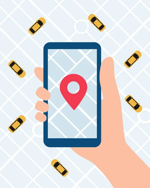 Aplicación de servicio de taxi en línea. Mano con teléfono inteligente y aplicación de taxi en el fondo del mapa de la ciudad. Ilustración vectorial — Archivo Imágenes Vectoriales