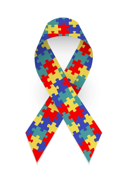 Colorful satin puzzle ribbon as symbol autism awareness — Stock Vector