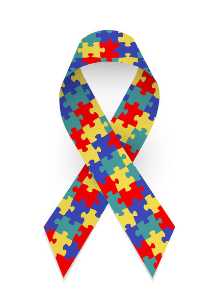 Colorful satin puzzle ribbon as symbol autism awareness