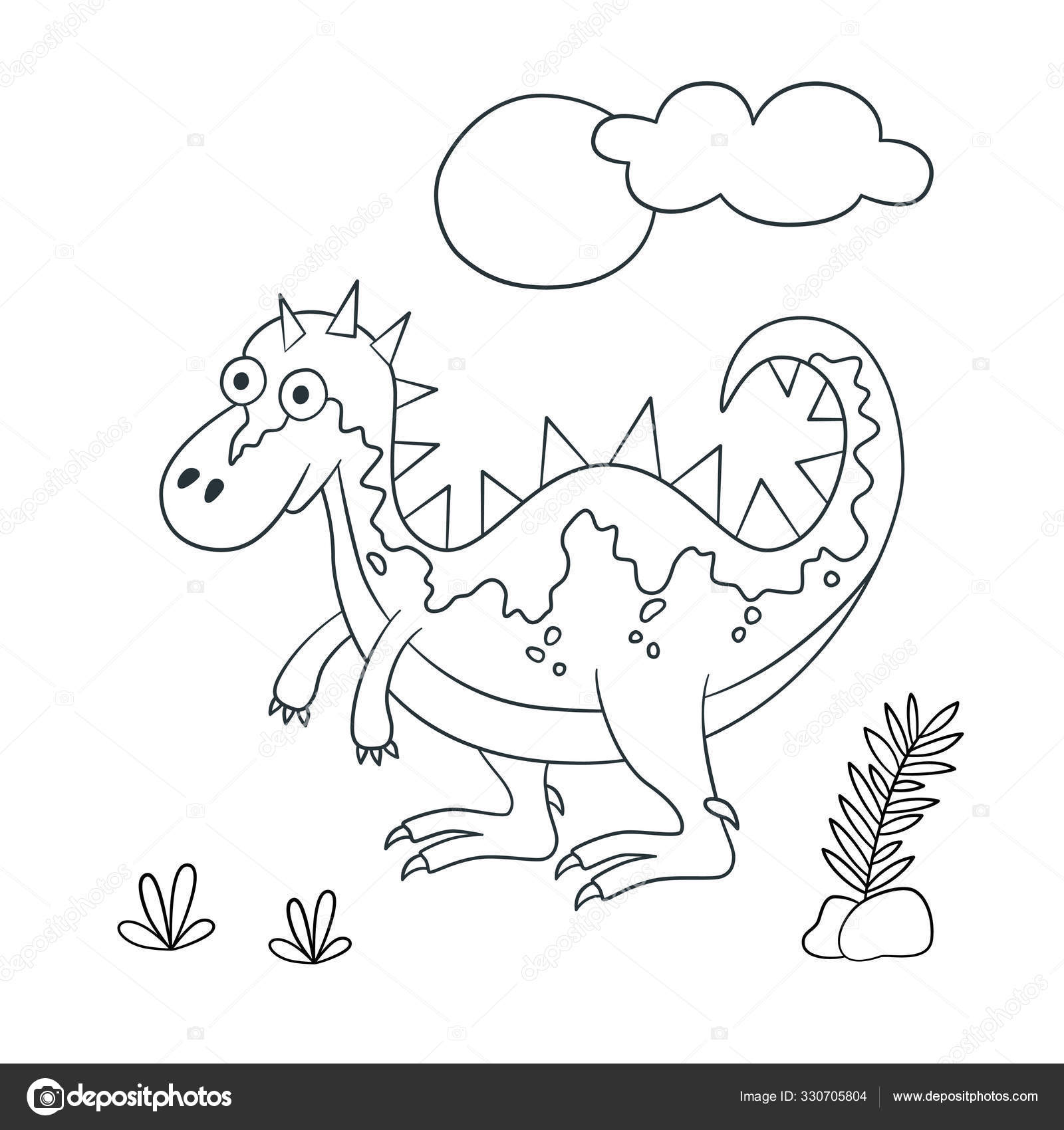 Desenho de contorno preto do dinossauro rex sobre fundo branco para colorir