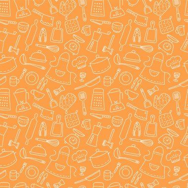 Mutfak aletleri ve sofra takımı. Aşçı. Kusursuz desen. El çizimi vektör illüstrasyonu