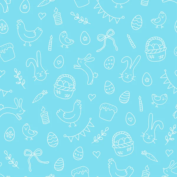 卵、ウサギ、鶏、鶏や偉大な宗教的な休日の他のシンボルとイースターシームレスなパターン。手描きベクトルイラスト — ストックベクタ