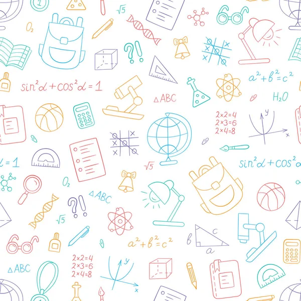 School colorful seamless pattern in doodle style on white background. Vector — 스톡 벡터