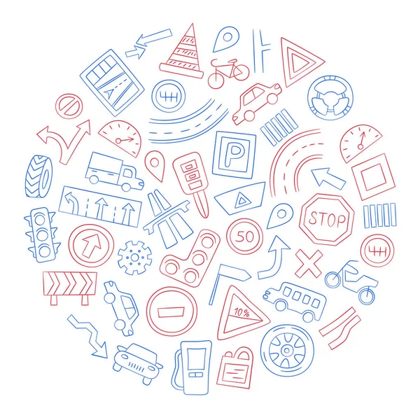 Conjunto de coches, objetos de carretera, señales de tráfico y símbolos de automóviles. Ilustración vectorial en estilo doodle — Archivo Imágenes Vectoriales