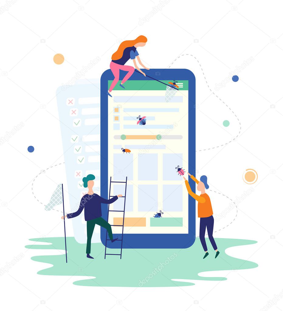 People catching bugs on the mobile app. IT software application testing, quality assurance, QA team and bug fixing concept. Vector illustration in flat style
